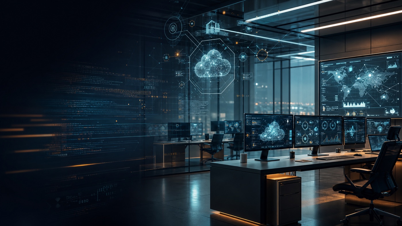 Modern enterprise technology workspace with cloud software interfaces